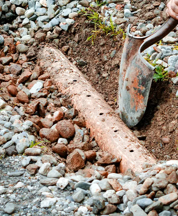 Close-up of a drainage pipe surrounded by rocks in a French drain system