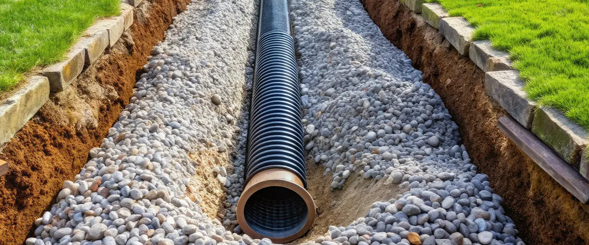 Close-up of French drain trench with black corrugated pipe and gravel, Colorado excavation project