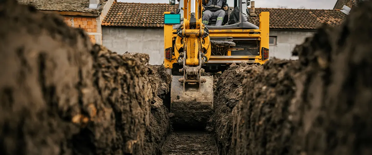 Close-up of an excavator digging a trench for foundation work at a construction site, showcasing precision excavation.