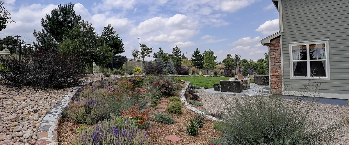 Backyard xeriscaping with native plants, a stone pathway, and a cozy patio area on a sunny day.