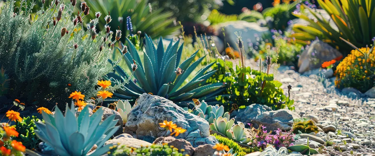 Vibrant xeriscaped garden with succulents, agave, and blooming orange flowers under bright sunlight.