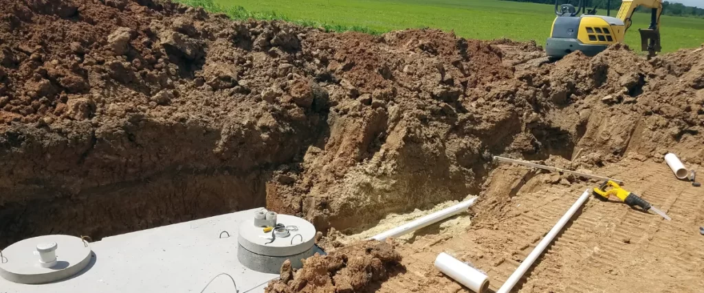 Excavated site with a septic tank installation in progress, showing pipes and equipment.