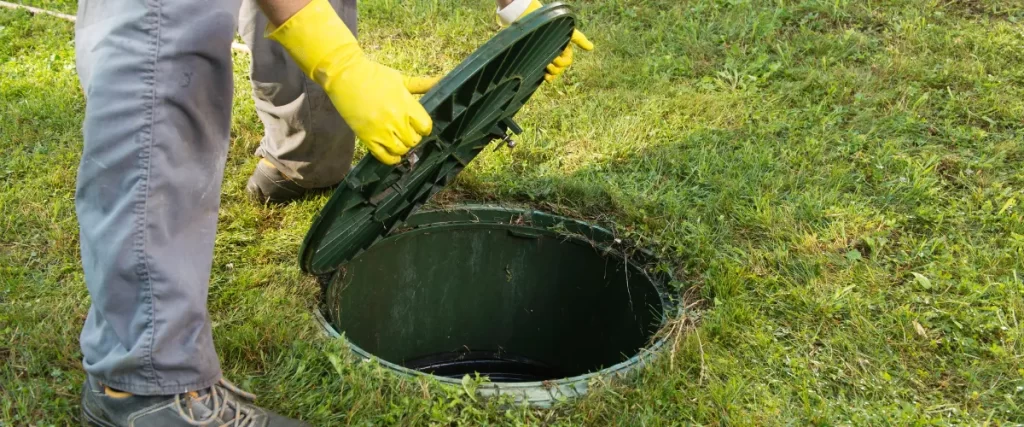 Person wearing yellow gloves lifting the green lid of a septic tank for inspection.