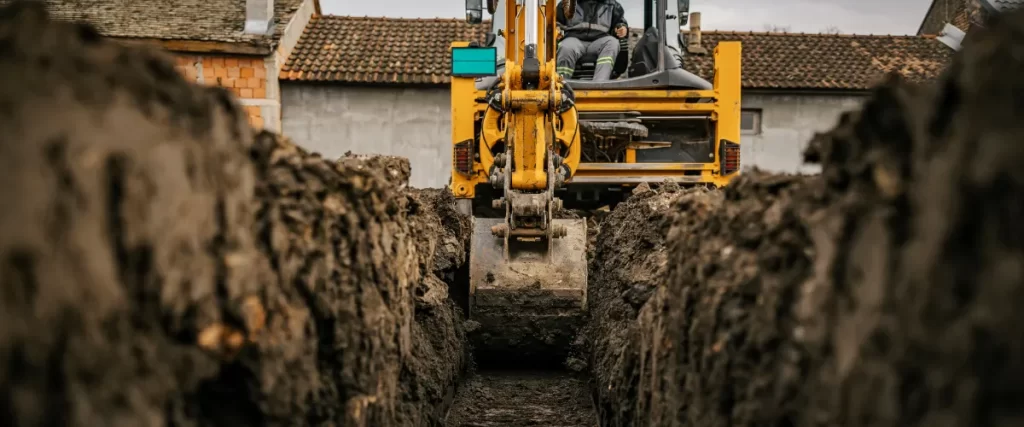 an operator using heavy machinery, likely a backhoe loader or excavator, to dig a narrow trench in the ground