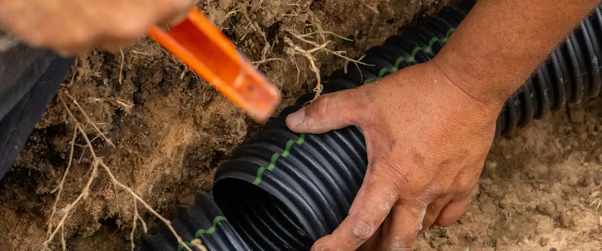 installing landscape drainage pipe beneath soil for proper water flow