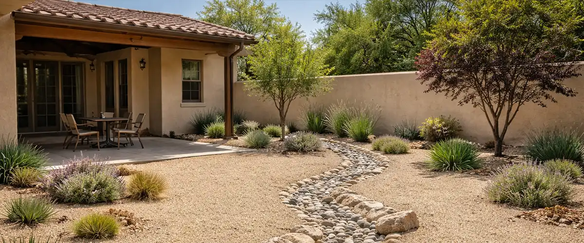 Xeriscape courtyard with gravel ground cover, dry creek bed, and drought-tolerant landscaping