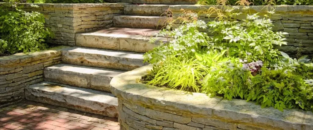 Curved stone retaining wall with steps leading upward through a garden bed featuring ferns and varied foliage.