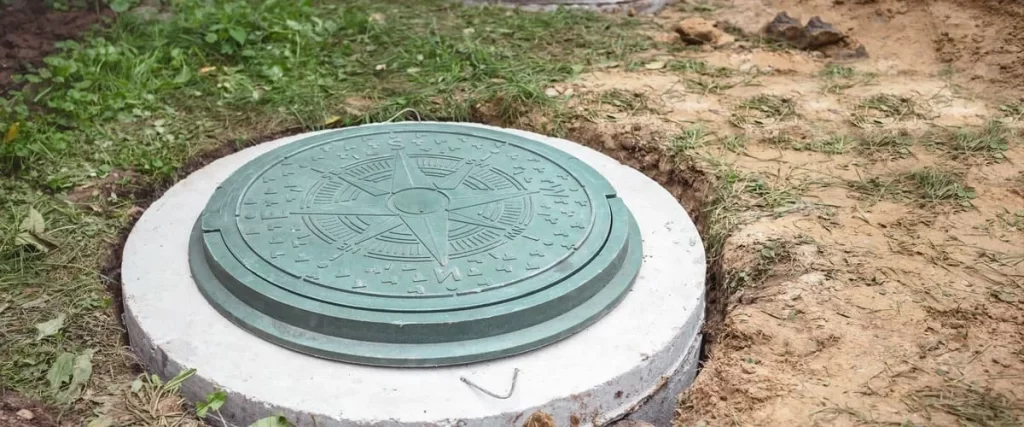 Close-up view of a newly installed concrete septic tank riser level with the ground, featuring a decorative green plastic lid with a compass rose design in a dirt and grass yard.