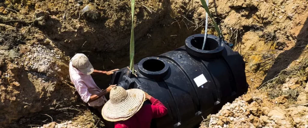 Two workers manually positioning a large black cylindrical polyethylene septic tank into a deep dirt trench using guide straps.