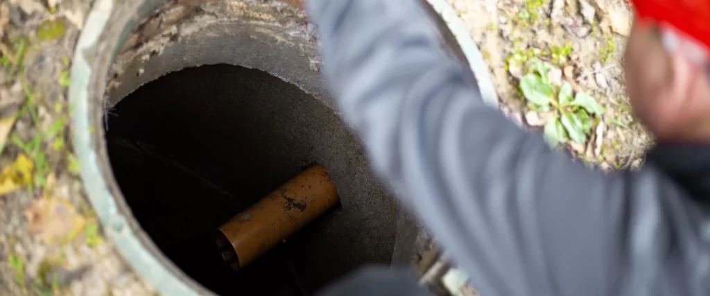 A detailed close-up view of a drainage pipe entering a concrete septic system tank during a routine inspection.