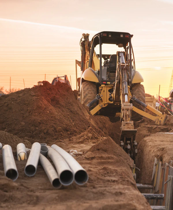 Yellow backhoe loader digging a deep trench for conduit pipes at a construction site in Green Valley Ranch, CO.
