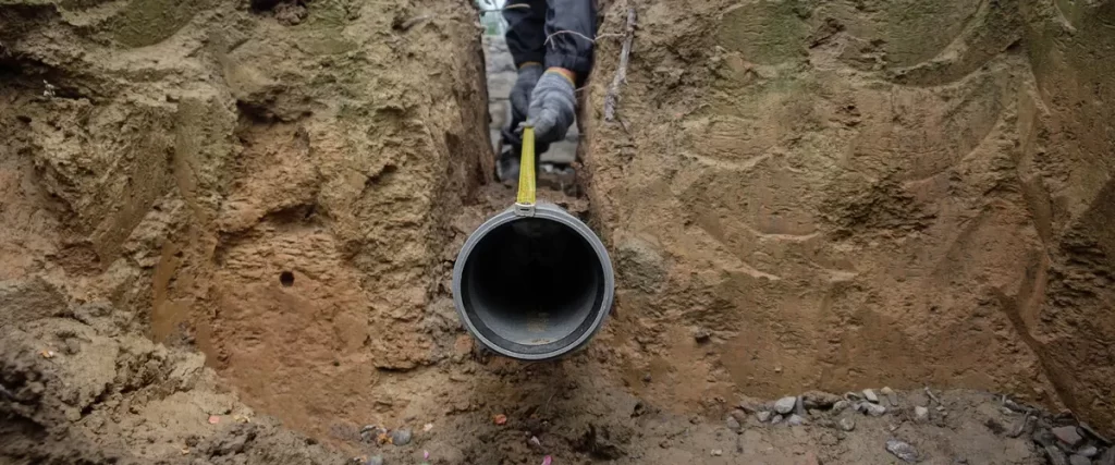 A construction worker using a measuring tape to check the interior diameter of a grey septic tank pipe inside a narrow dirt trench.