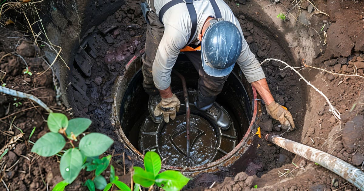 A professional technician in safety gear inspecting a severe septic system failure within an underground concrete tank.