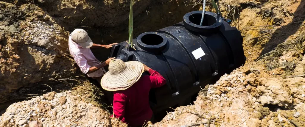 Two workers wearing hats standing in a deep excavation pit while digging and installing a septic tank made of black reinforced plastic.