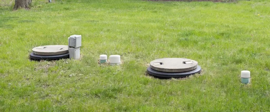 Multiple concrete septic system riser covers and white PVC vent pipes installed at ground level across a green residential lawn.