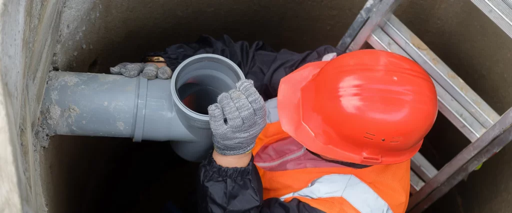 A technician in a hard hat and safety vest installing new PVC plumbing joints during scheduled septic system maintenance.